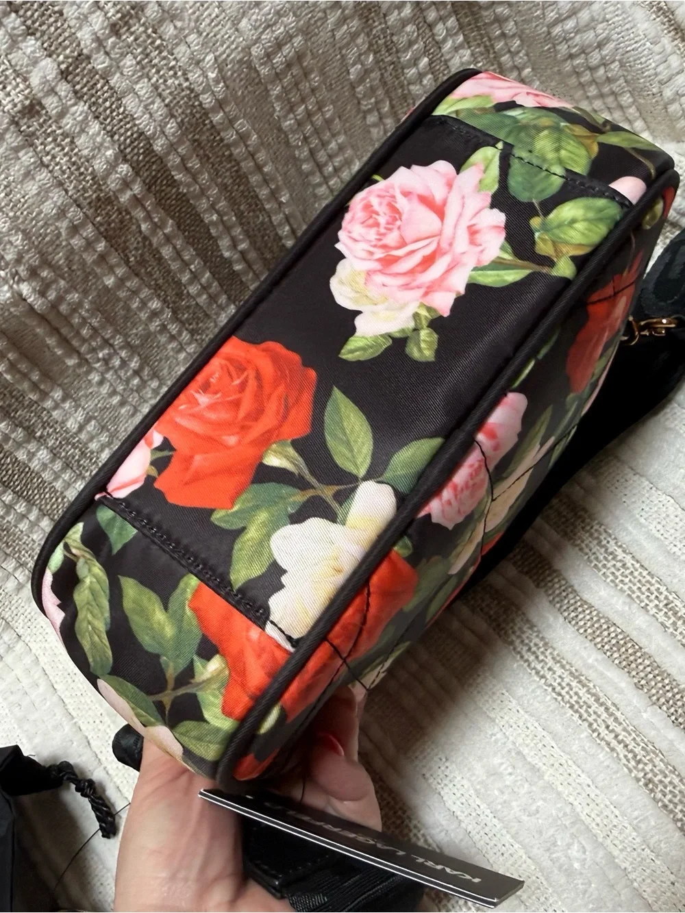 Karl Lagerfeld Quilted Floral Bag - Black with Red, Pink & Cream Roses